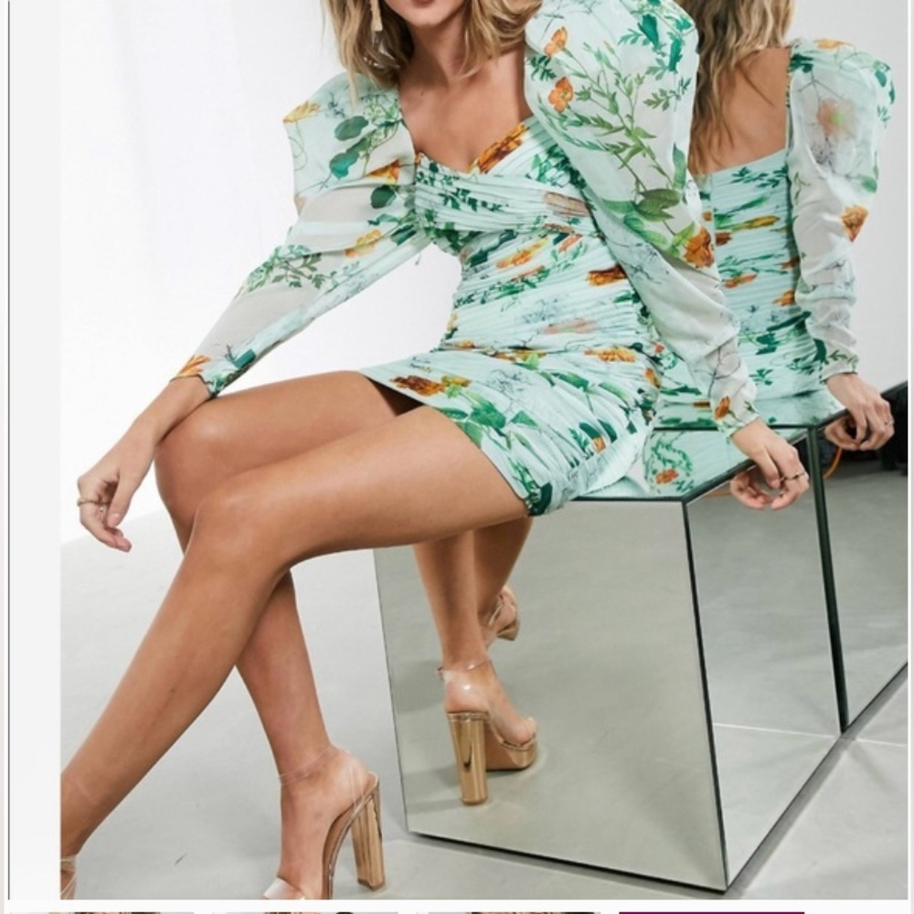 ASOS EDITION ruched mini dress with puff sleeves in green floral print. Size 14